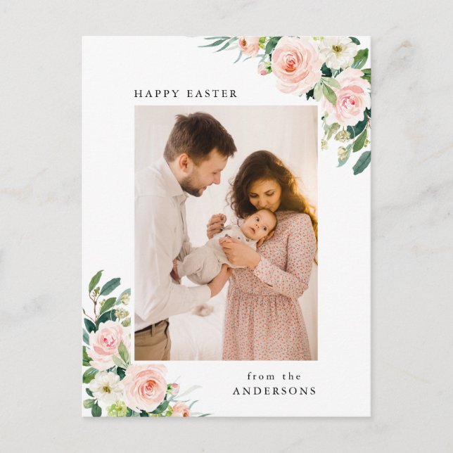 Watercolor Blush Floral Easter Photo Holiday Postcard (Front)
