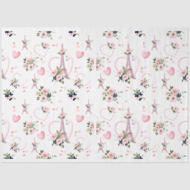 Watercolor Blush Floral Eiffel Tower Pattern Tissue Paper (Front)