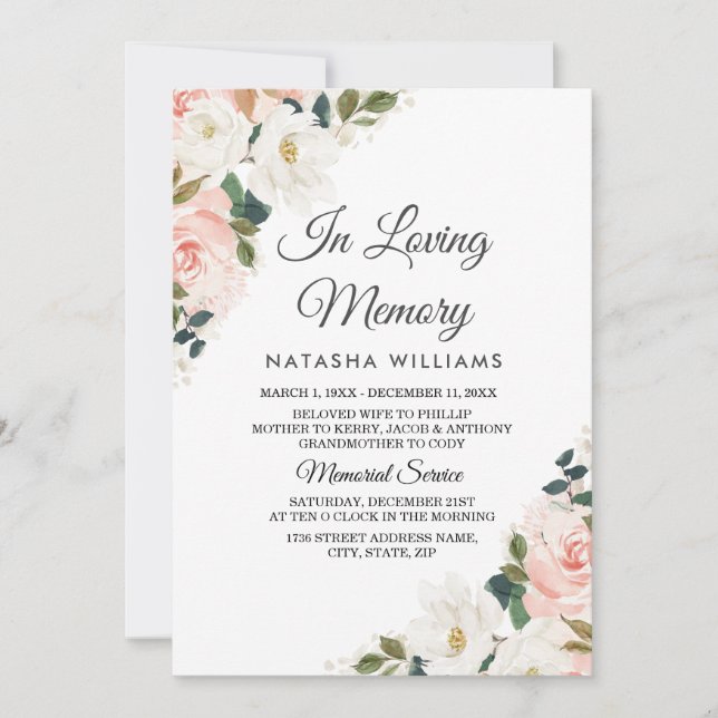 Watercolor Blush Floral Funeral Service Invitation (Front)
