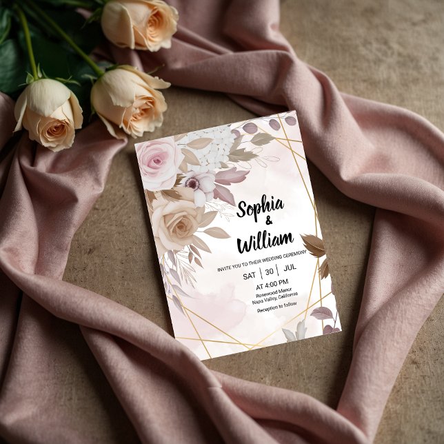 Watercolor Blush Floral Geometric Elegant Wedding Invitation (Creator Uploaded)
