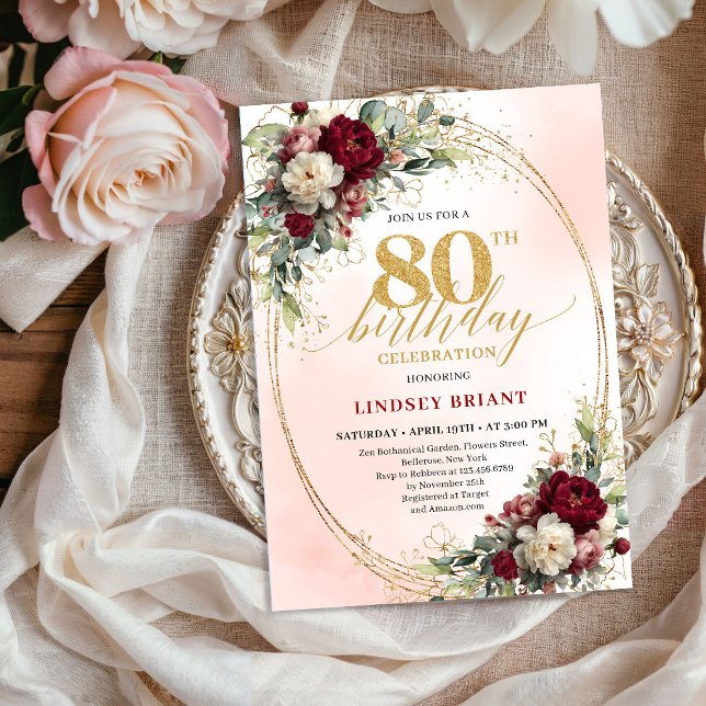 Watercolor Blush Floral Gold 80th Birthday Invite (Watercolor Blush Floral Gold 80th Birthday Invite)