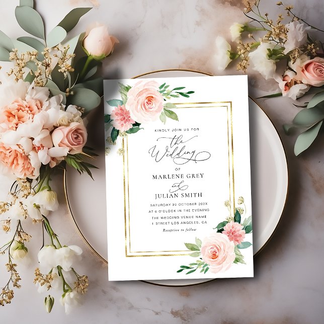 watercolor blush floral gold frame wedding invitation (Creator Uploaded)