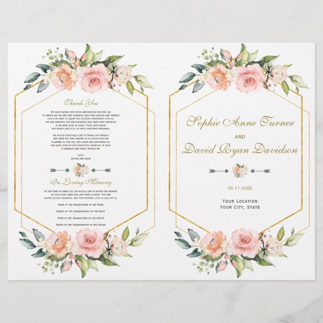 Watercolor Blush Floral Gold Frame Wedding Program Flyer (Front)