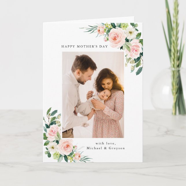 Watercolor Blush Floral Photo Mother's Day Holiday Card (Front)