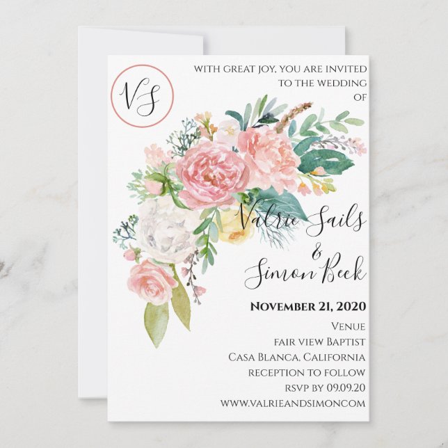 Watercolor Blush Floral Wedding Invitation (Front)