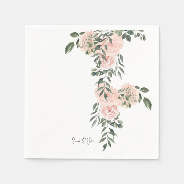 Watercolor Blush Floral White Wedding Cocktail Napkin (Front)