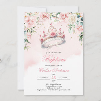 Watercolor blush floral wreath Baptism tiara Invitation