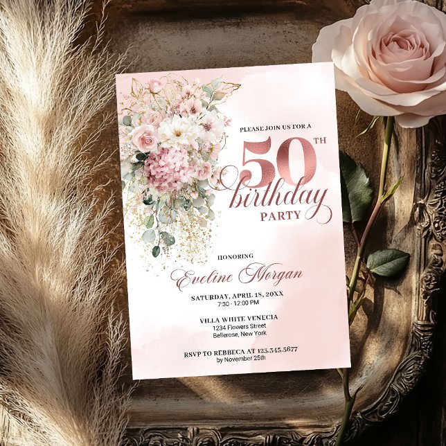 Watercolor Blush Florals Greenery 50th Birthday  Invitation (Watercolor Blush Florals Greenery 50th Birthday Party)