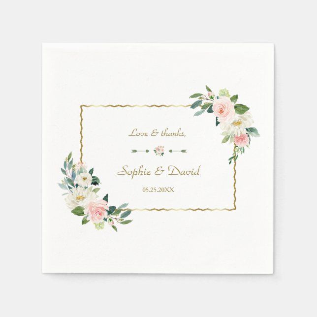 Watercolor Blush Flowers Gold Navy Wedding Napkin (Front)
