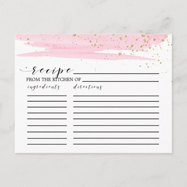 Watercolor Blush & Gold Bridal Shower Recipe Cards (Front)