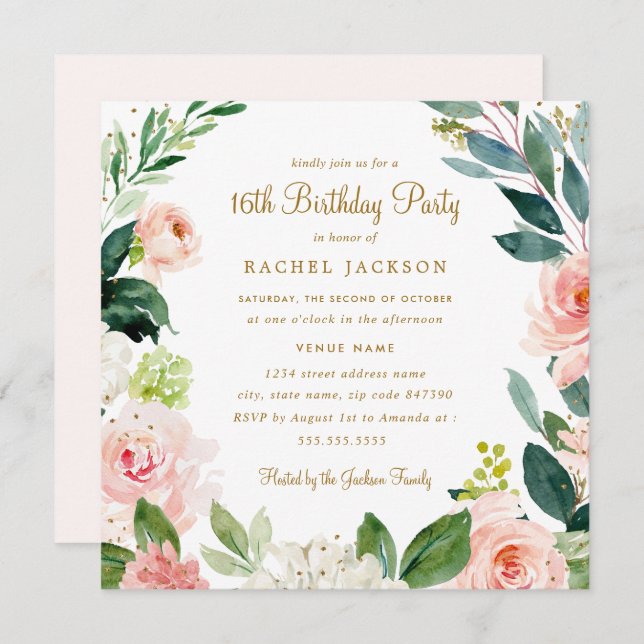 Watercolor Blush Gold Floral 16th Birthday Invite (Front/Back)