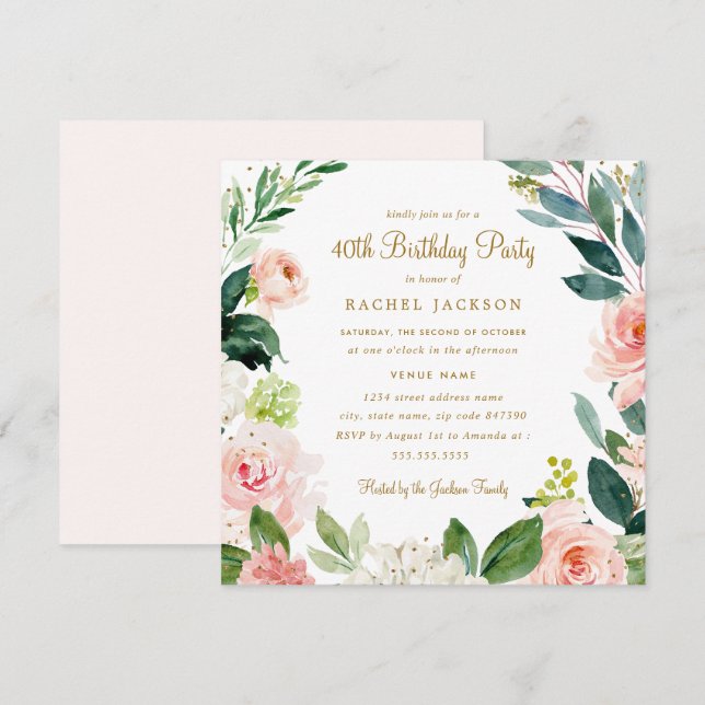Watercolor Blush Gold Floral 40th Birthday Invite (Front/Back)