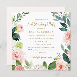 Watercolor Blush Gold Floral 70th Birthday Invite