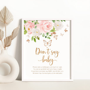 Watercolor Blush gold floral Don't say baby game Poster