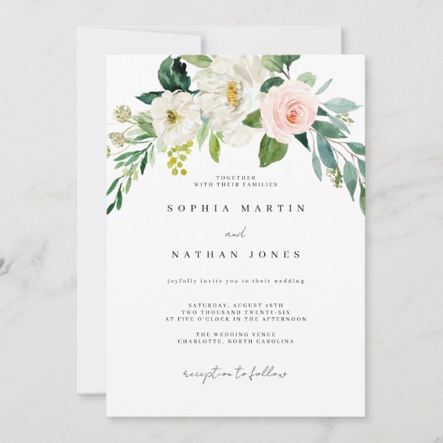 Watercolor Blush Green Leaf Botanical Wedding  Inv Invitation (Front)