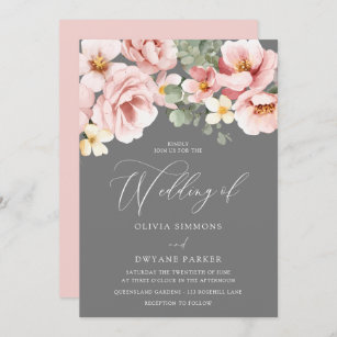 Watercolor Blush & Grey Floral Wedding Invitation