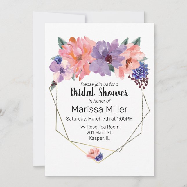 Watercolor Blush Lavender Blue Gold Frame Invitation (Front)
