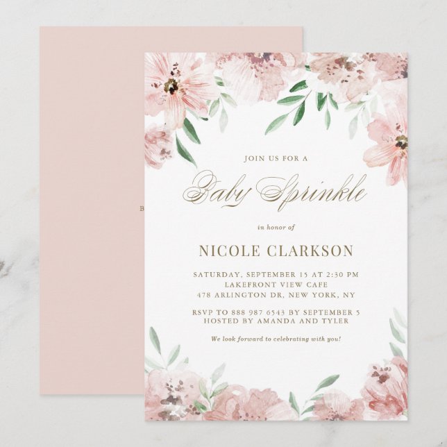 Watercolor Blush Mauve Pink Flowers Baby Sprinkle Invitation (Front/Back)
