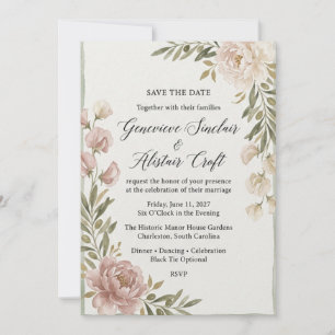 Watercolor Blush Peony & Sweet Pea Wedding Invitation