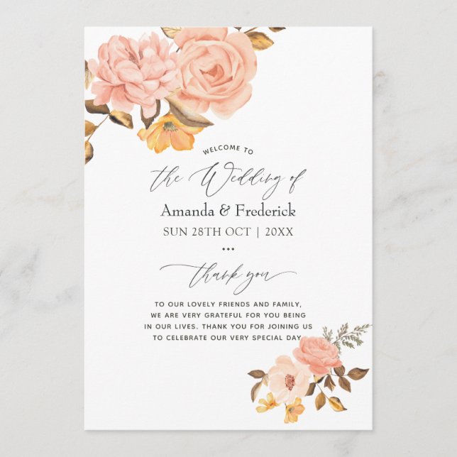 Watercolor Blush Pink and Gold Floral Wedding Programme (Front)