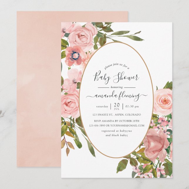 Watercolor Blush Pink and Rose Gold Baby Shower Invitation (Front/Back)