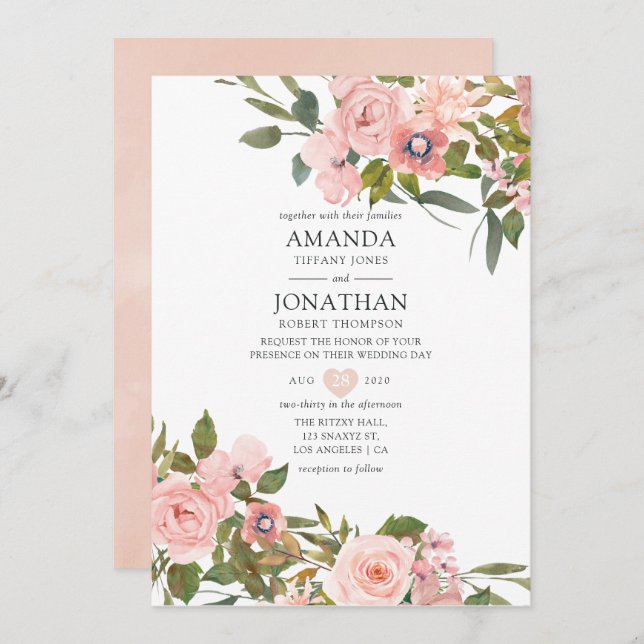Watercolor Blush Pink and Rose Gold Roses Wedding Invitation (Front/Back)