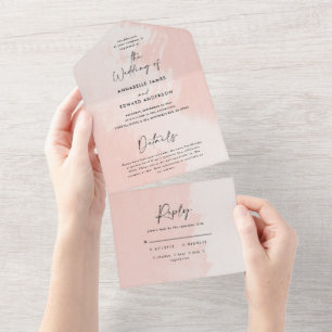 Watercolor blush pink and white stylish wedding all in one invitation