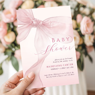 Watercolor Blush Pink Bow Girl Baby Shower Invitation