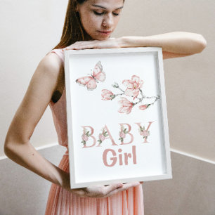 Watercolor Blush Pink Butterfly Floral Nursery Poster