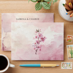 Watercolor Blush Pink Cherry Blossom Wedding Envelope