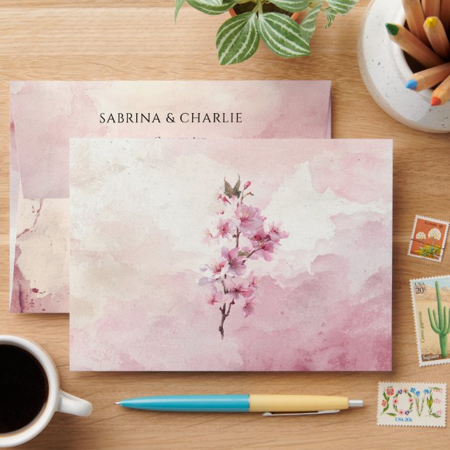 Watercolor Blush Pink Cherry Blossom Wedding  Envelope (Desk)