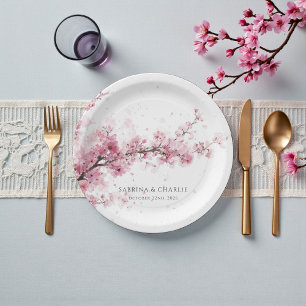 Watercolor Blush Pink Cherry Blossom Wedding Paper Plate