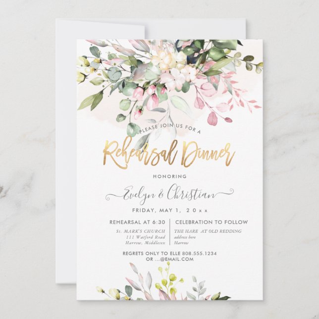 Watercolor Blush Pink Eucalyptus Rehearsal Dinner Invitation (Front)