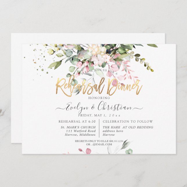 Watercolor Blush Pink Eucalyptus Rehearsal Dinner Invitation (Front/Back)