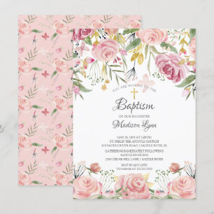 Watercolor Blush Pink Floral Girl Baptism Invitation