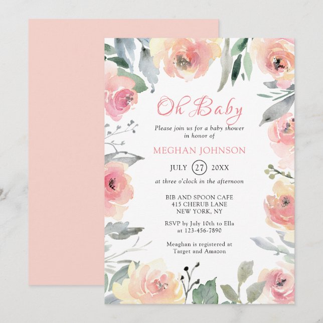 Watercolor Blush Pink Floral Oh Baby Shower Invitation (Front/Back)