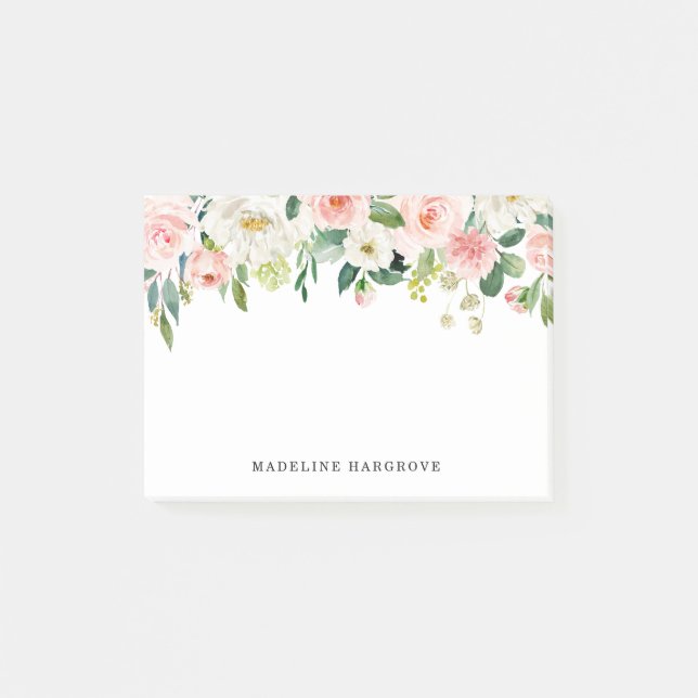 Watercolor Blush Pink Floral Personalised Post-it Notes (Front)