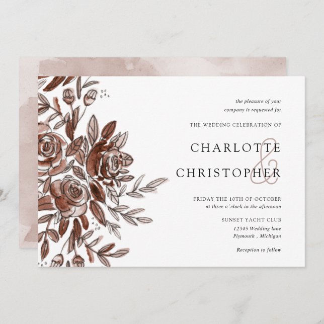 watercolor blush pink flowers horizontal wedding invitation (Front/Back)