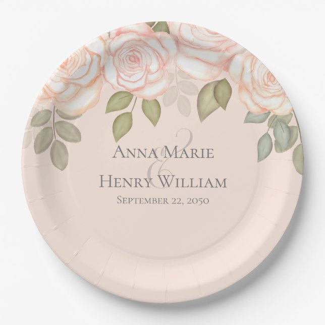 Watercolor Blush Pink Flowers Wedding Party Paper Plate (Front)