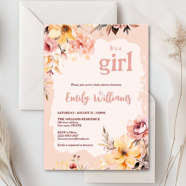Watercolor blush pink girl baby shower invitation  (Blush pink and peach peonies watercolor girl baby shower invitation )
