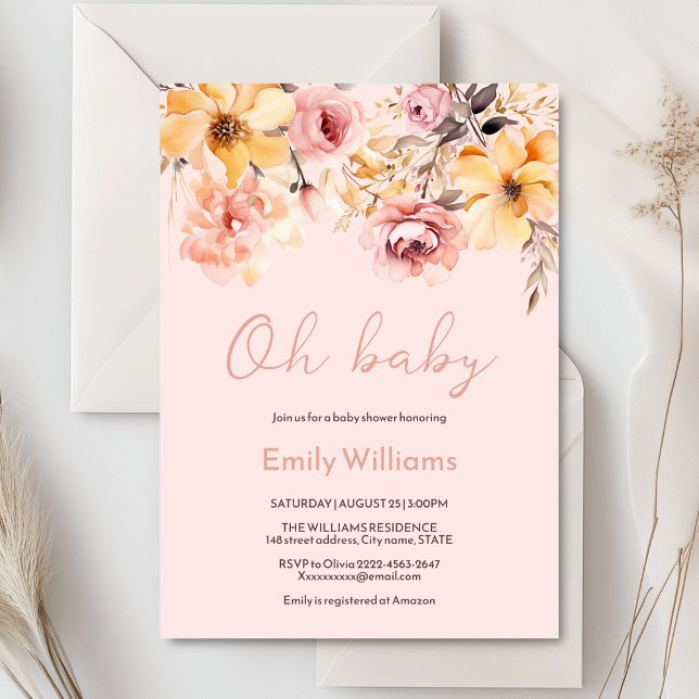 Watercolor blush pink girl baby shower invitation  (Blush pink and peach peonies watercolor girl baby shower invitation )