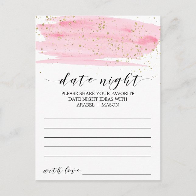 Watercolor Blush Pink & Gold Date Night Idea Card (Front)