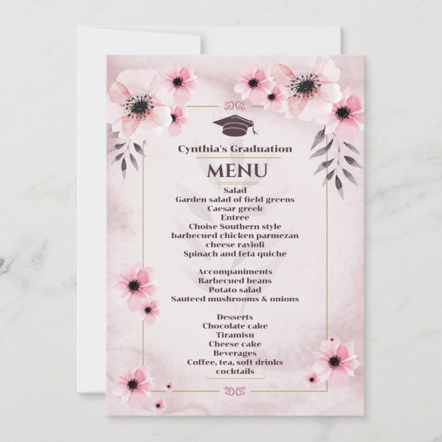 Watercolor Blush Pink Graduation Dinner Menu Invitation (Front)