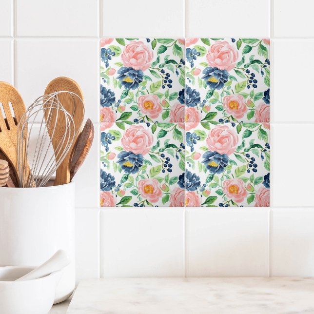 Watercolor Blush Pink Indigo Blue Floral Pattern Tile (Creator Uploaded)