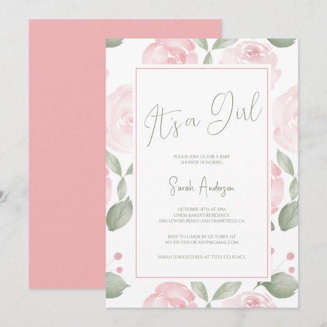 Watercolor Blush Pink It's A Girl Baby Shower  Invitation (Front/Back)
