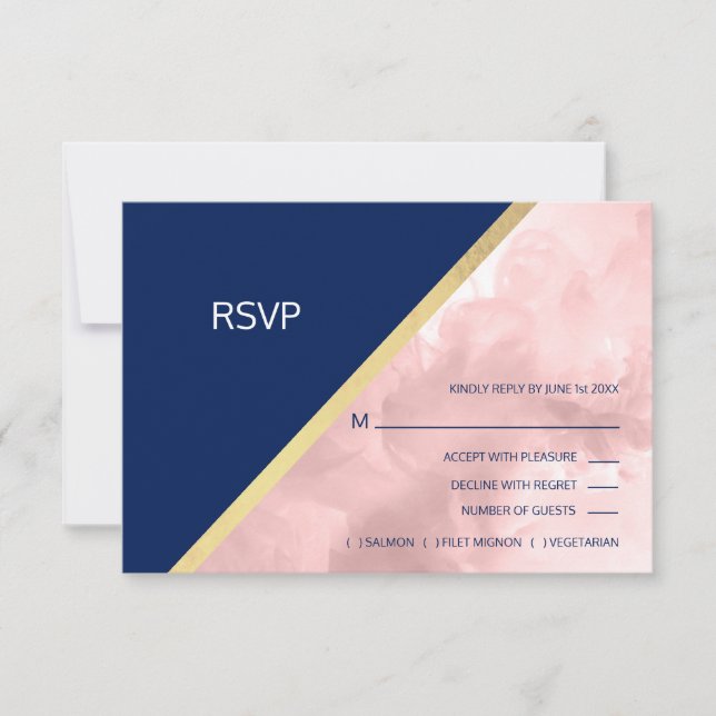 Watercolor Blush Pink Navy Blue RSVP Wedding Card (Front)