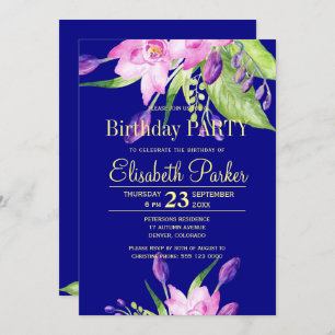 Watercolor blush pink navy floral birthday party invitation