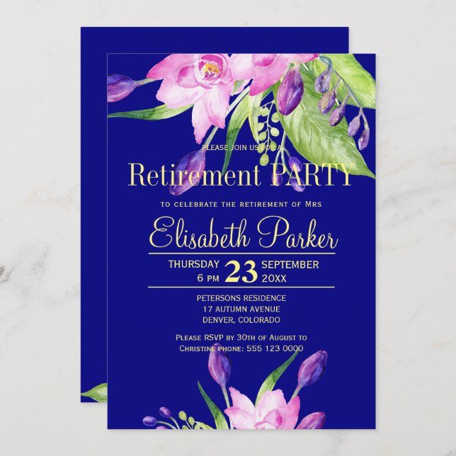 Watercolor blush pink navy floral retirement party invitation (Front/Back)