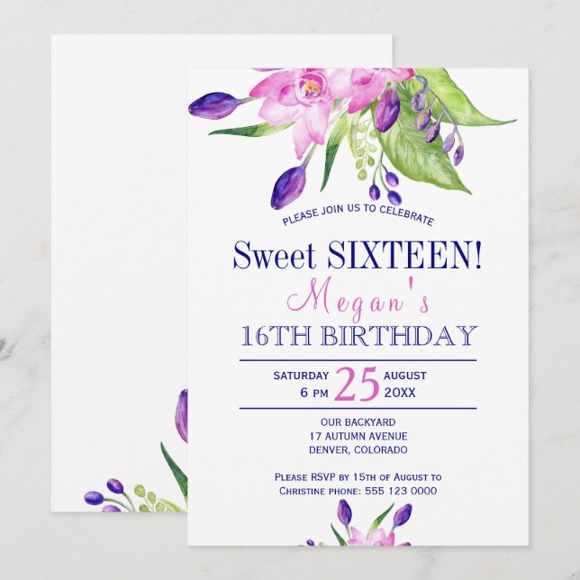 Watercolor blush pink navy floral sweet sixteen invitation (Front/Back)