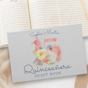 Watercolor Blush Pink Number 15 Floral Quinceanera Guest Book